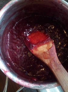 The sauce is thickening nicely!  The jam is ready when it can stand in soft clumps.